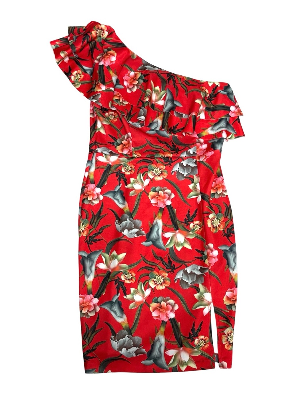 Neiman Marcus Red One-Shoulder Tropical Floral Ruffle Dress